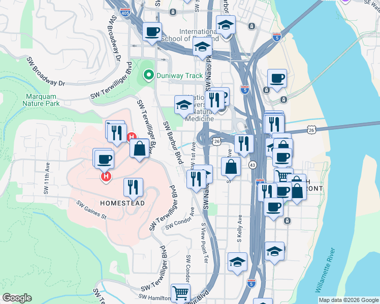 map of restaurants, bars, coffee shops, grocery stores, and more near 105 Southwest Gibbs Street in Portland