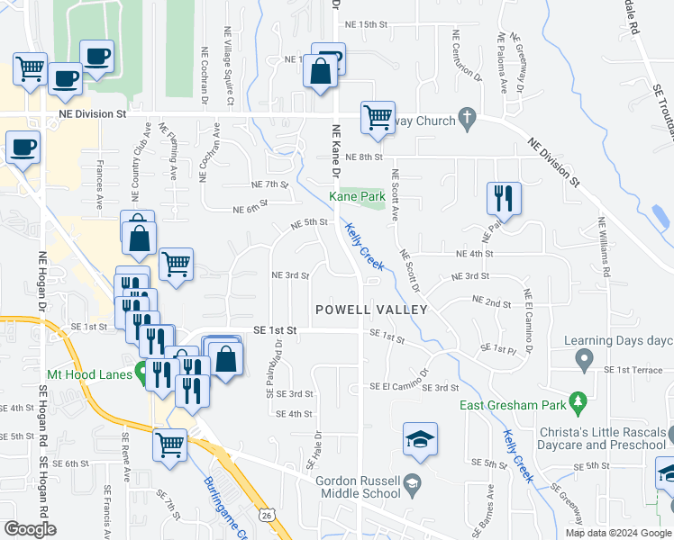 map of restaurants, bars, coffee shops, grocery stores, and more near 320 Northeast Paropa Way in Gresham