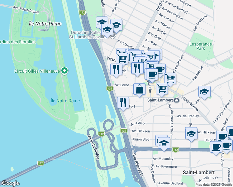 map of restaurants, bars, coffee shops, grocery stores, and more near 263 Rue Riverside in Saint-Lambert