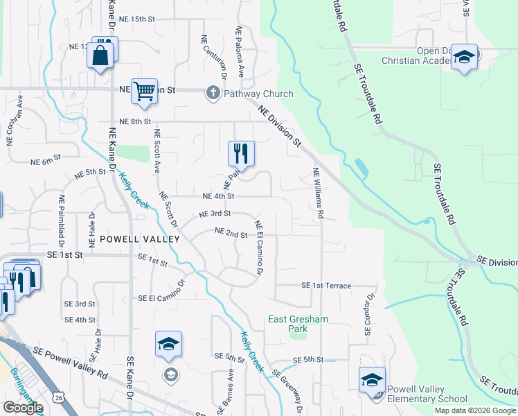 map of restaurants, bars, coffee shops, grocery stores, and more near 4111 Northeast El Camino Court in Gresham