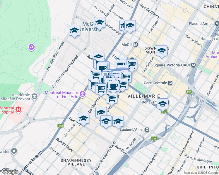 map of restaurants, bars, coffee shops, grocery stores, and more near 1200 Boulevard De Maisonneuve Ouest in Montreal