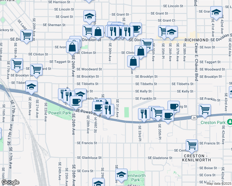 map of restaurants, bars, coffee shops, grocery stores, and more near 3018 Southeast Kelly Street in Portland