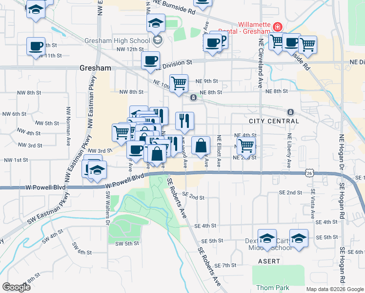map of restaurants, bars, coffee shops, grocery stores, and more near NE 3rd St & NE Hood Ave in Gresham