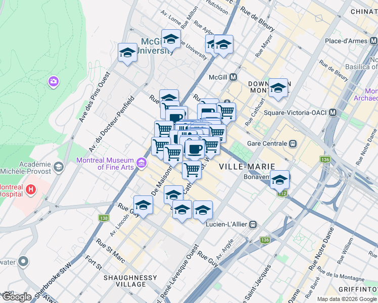 map of restaurants, bars, coffee shops, grocery stores, and more near 1210 Boulevard De Maisonneuve Ouest in Montreal