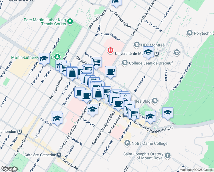 map of restaurants, bars, coffee shops, grocery stores, and more near 5660 Avenue Decelles in Montréal