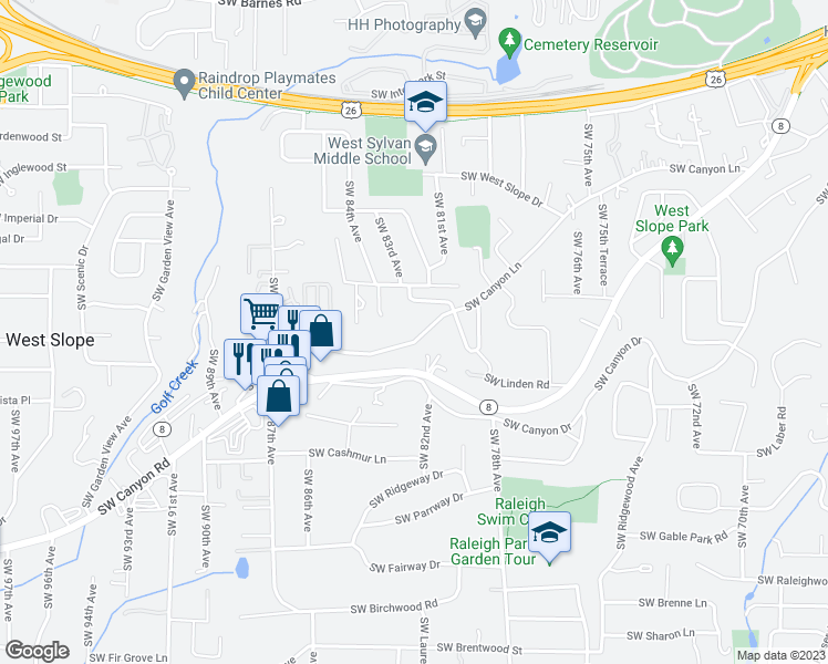 map of restaurants, bars, coffee shops, grocery stores, and more near 8225 Southwest Canyon Lane in Portland