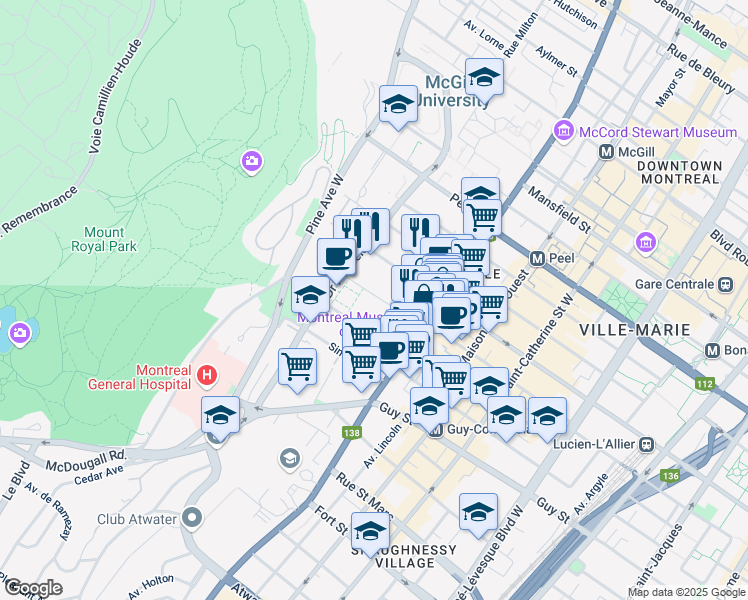 map of restaurants, bars, coffee shops, grocery stores, and more near 3456 Avenue du Musée in Montréal