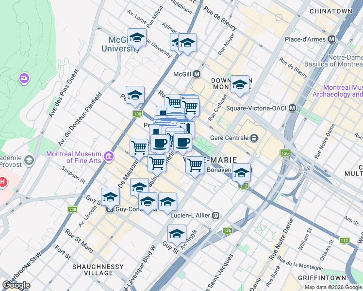 map of restaurants, bars, coffee shops, grocery stores, and more near in Montreal