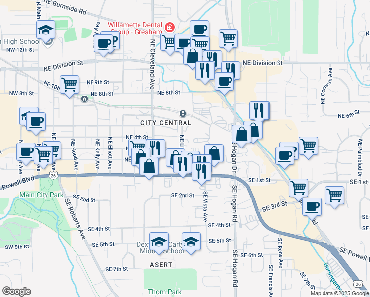 map of restaurants, bars, coffee shops, grocery stores, and more near 280 Northeast Liberty Avenue in Gresham