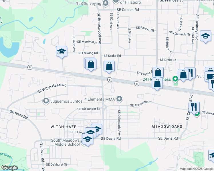 map of restaurants, bars, coffee shops, grocery stores, and more near 24550 Southwest Witch Hazel Road in Hillsboro