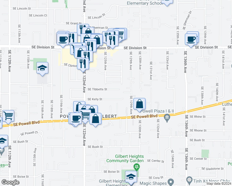 map of restaurants, bars, coffee shops, grocery stores, and more near 12614 Southeast Tibbetts Street in Portland