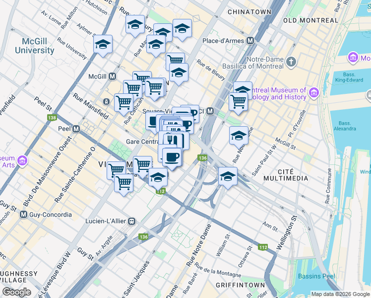 map of restaurants, bars, coffee shops, grocery stores, and more near 800 Rue De la Gauchetière Ouest in Montréal