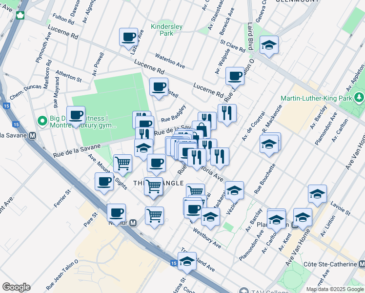 map of restaurants, bars, coffee shops, grocery stores, and more near 7317 Avenue Victoria in Montréal