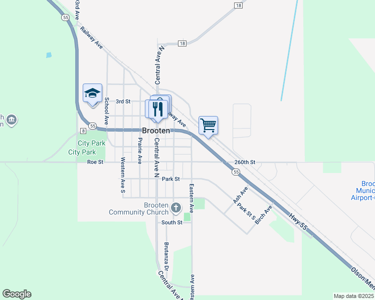 map of restaurants, bars, coffee shops, grocery stores, and more near 610 Hatton Street South in Brooten