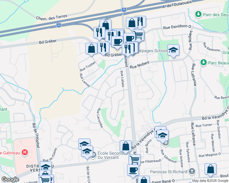 map of restaurants, bars, coffee shops, grocery stores, and more near 432 Rue Lahaie in Gatineau