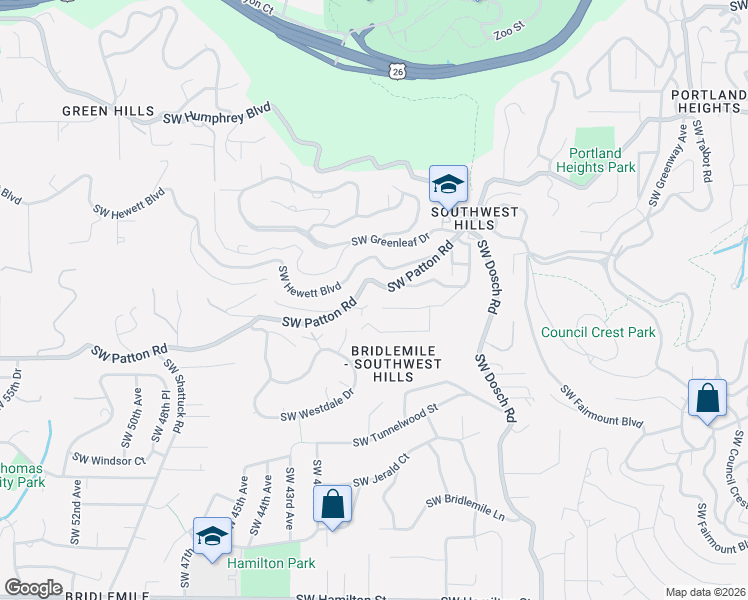 map of restaurants, bars, coffee shops, grocery stores, and more near 3919 Southwest Hillside Drive in Portland