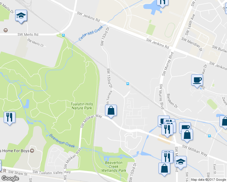 map of restaurants, bars, coffee shops, grocery stores, and more near 2881 Southwest 153rd Drive in Beaverton