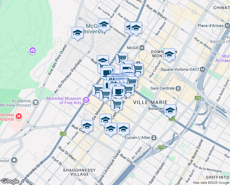map of restaurants, bars, coffee shops, grocery stores, and more near 1200 Boulevard De Maisonneuve Ouest in Montreal