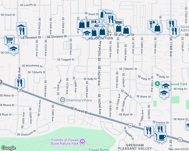 map of restaurants, bars, coffee shops, grocery stores, and more near 16107 Southeast Kelly Street in Portland