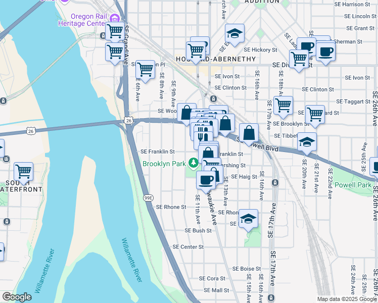 map of restaurants, bars, coffee shops, grocery stores, and more near 3305 Southeast 11th Avenue in Portland