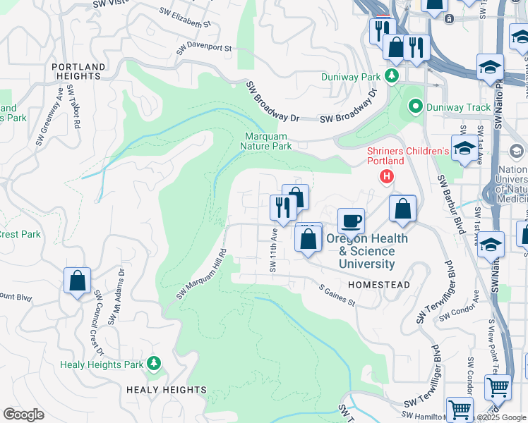 map of restaurants, bars, coffee shops, grocery stores, and more near 1235 Southwest Gibbs Street in Portland