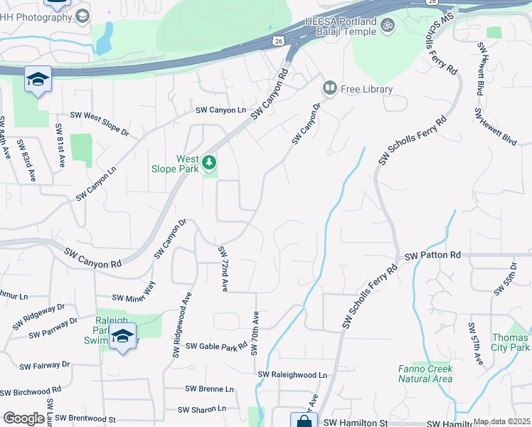 map of restaurants, bars, coffee shops, grocery stores, and more near 7000 Southwest Canyon Drive in Portland