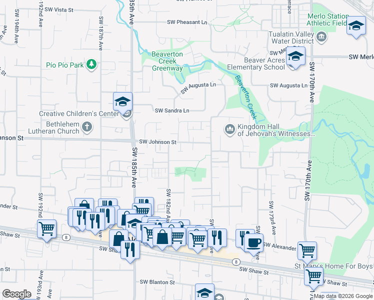 map of restaurants, bars, coffee shops, grocery stores, and more near 17970 Southwest Johnson Street in Aloha