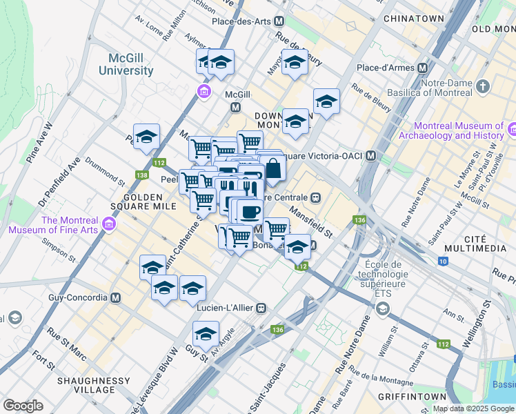 map of restaurants, bars, coffee shops, grocery stores, and more near 1155 Boulevard René-Lévesque Ouest in Montréal