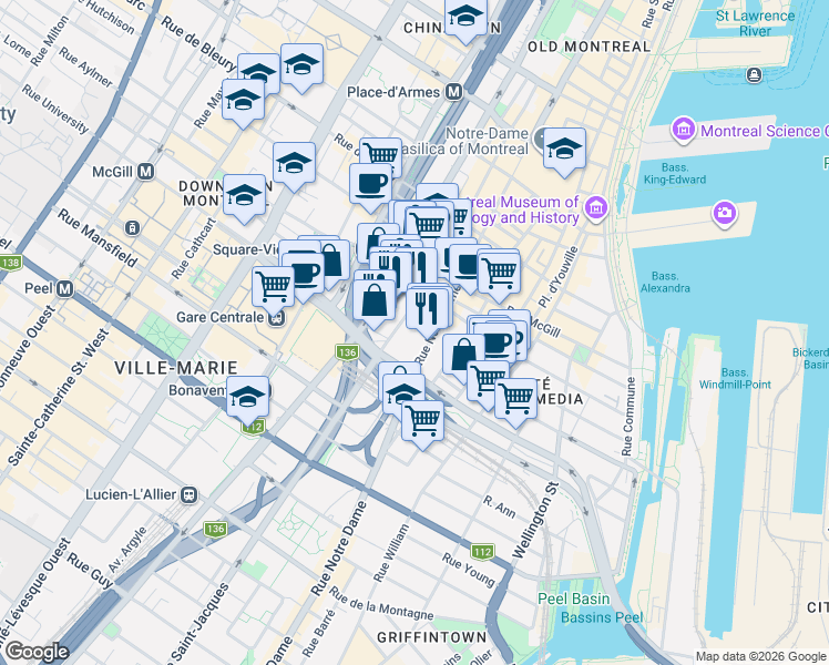 map of restaurants, bars, coffee shops, grocery stores, and more near 720 Rue Saint-Jacques in Montréal