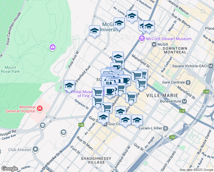 map of restaurants, bars, coffee shops, grocery stores, and more near 1245 Sherbrooke Street West in Montreal
