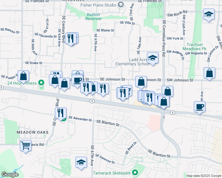 map of restaurants, bars, coffee shops, grocery stores, and more near 2796 Southeast Irwin Court in Hillsboro