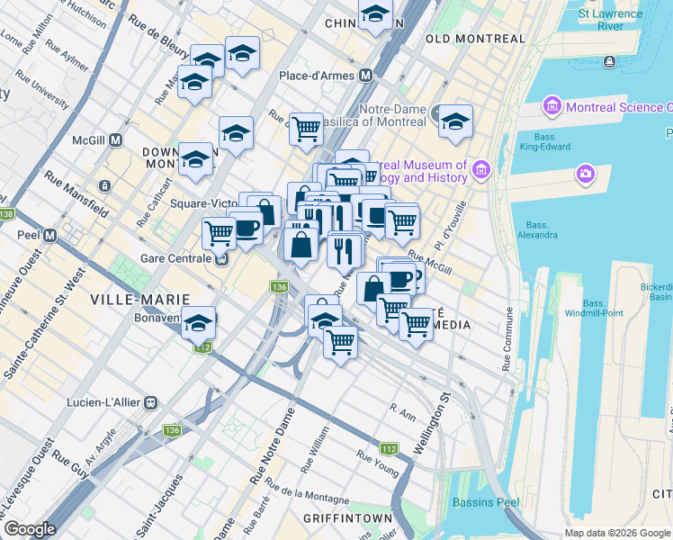 map of restaurants, bars, coffee shops, grocery stores, and more near 720 Rue Saint-Jacques in Montréal