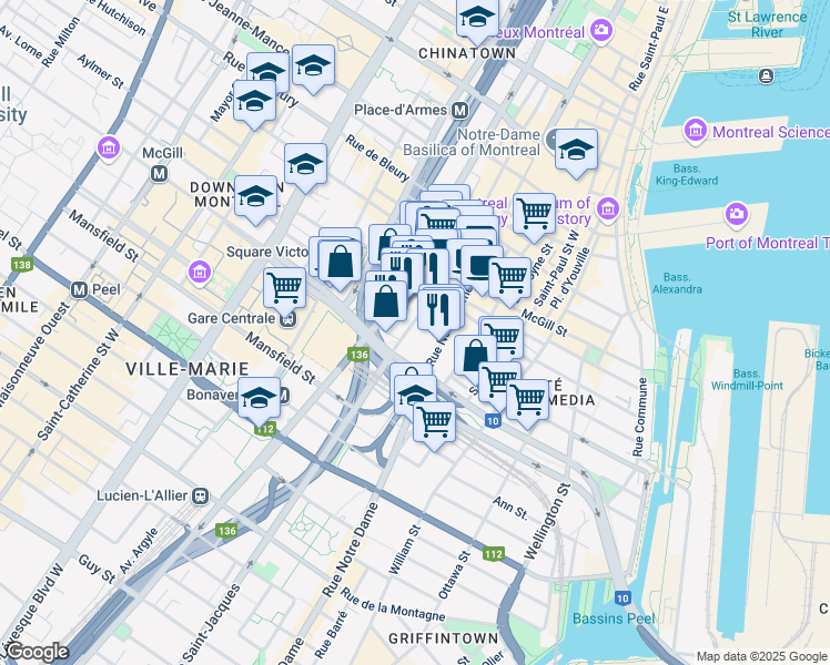 map of restaurants, bars, coffee shops, grocery stores, and more near in Montreal