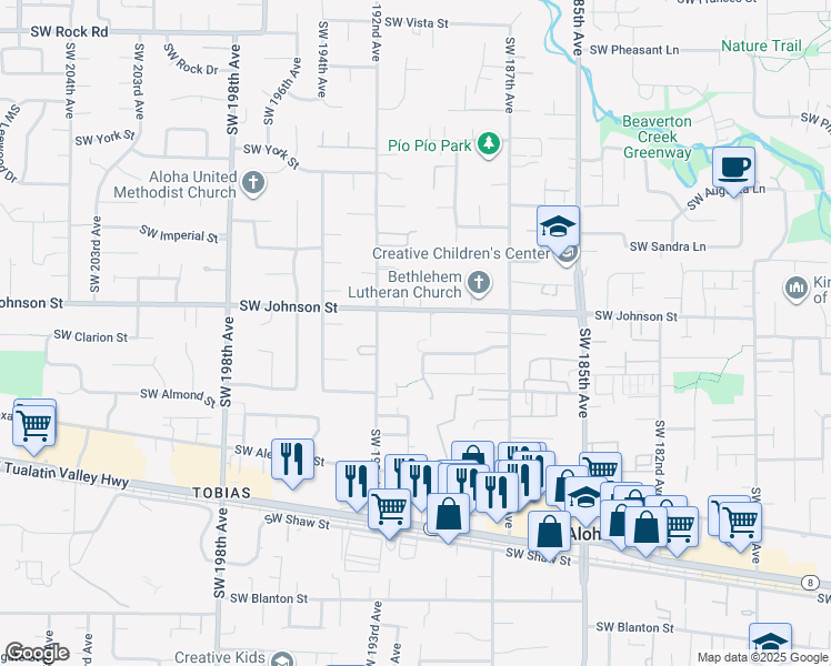 map of restaurants, bars, coffee shops, grocery stores, and more near 19090 Southwest Johnson Street in Aloha