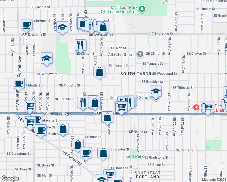 map of restaurants, bars, coffee shops, grocery stores, and more near 3127 Southeast 64th Avenue in Portland
