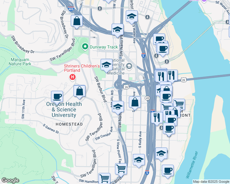 map of restaurants, bars, coffee shops, grocery stores, and more near 105 Southwest Gibbs Street in Portland