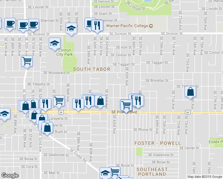 map of restaurants, bars, coffee shops, grocery stores, and more near 3127 Southeast 63rd Avenue in Portland
