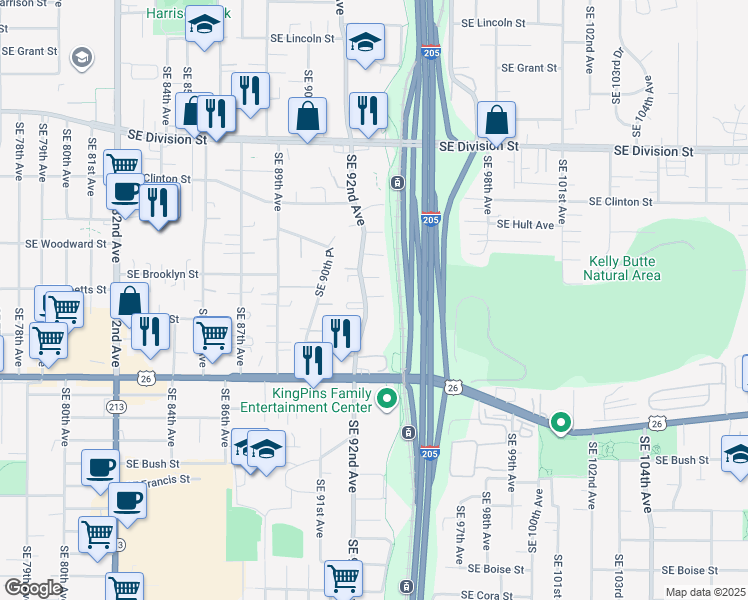 map of restaurants, bars, coffee shops, grocery stores, and more near 3202 Southeast 92nd Avenue in Portland