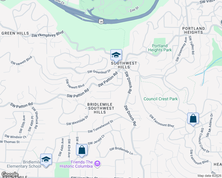 map of restaurants, bars, coffee shops, grocery stores, and more near 3635 Southwest Hillside Drive in Portland