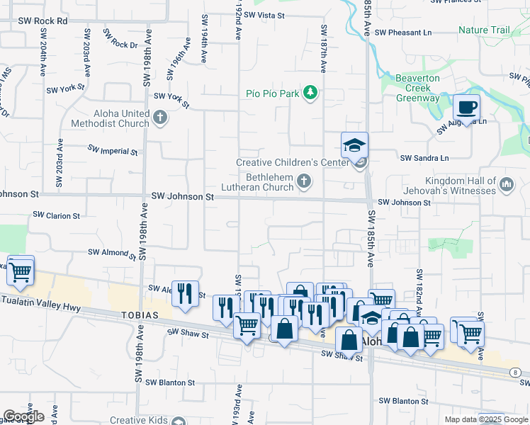 map of restaurants, bars, coffee shops, grocery stores, and more near 19090 Southwest Johnson Street in Aloha