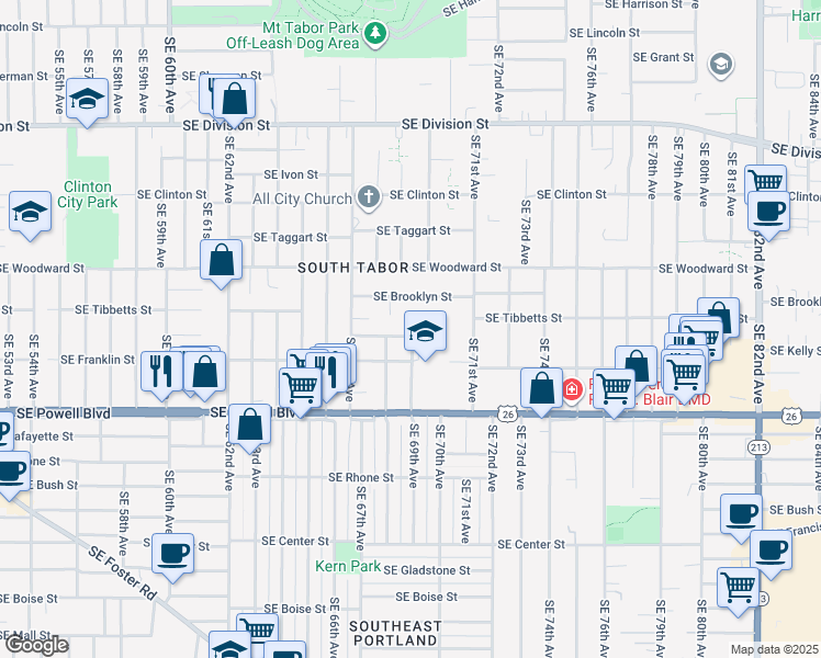 map of restaurants, bars, coffee shops, grocery stores, and more near 6845 Southeast Kelly Street in Portland