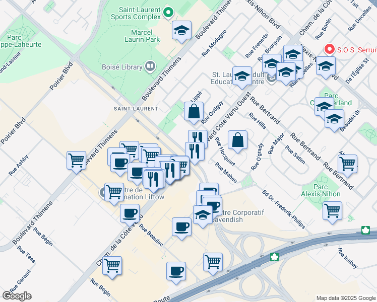 map of restaurants, bars, coffee shops, grocery stores, and more near 11015 Boulevard Cavendish in Montréal