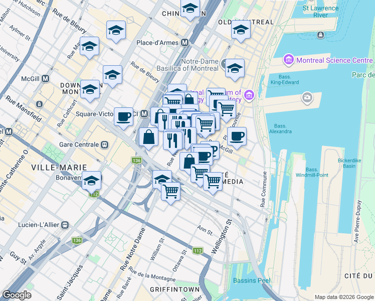 map of restaurants, bars, coffee shops, grocery stores, and more near 699 Rue Saint Maurice in Montréal