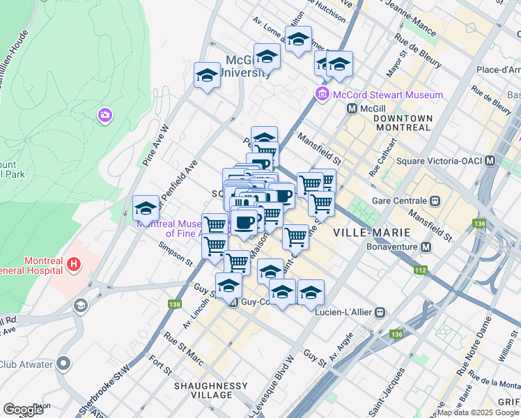 map of restaurants, bars, coffee shops, grocery stores, and more near in Montreal