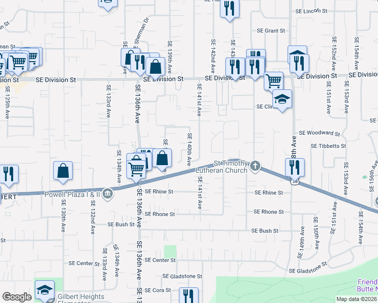 map of restaurants, bars, coffee shops, grocery stores, and more near 3047 Southeast 140th Avenue in Portland