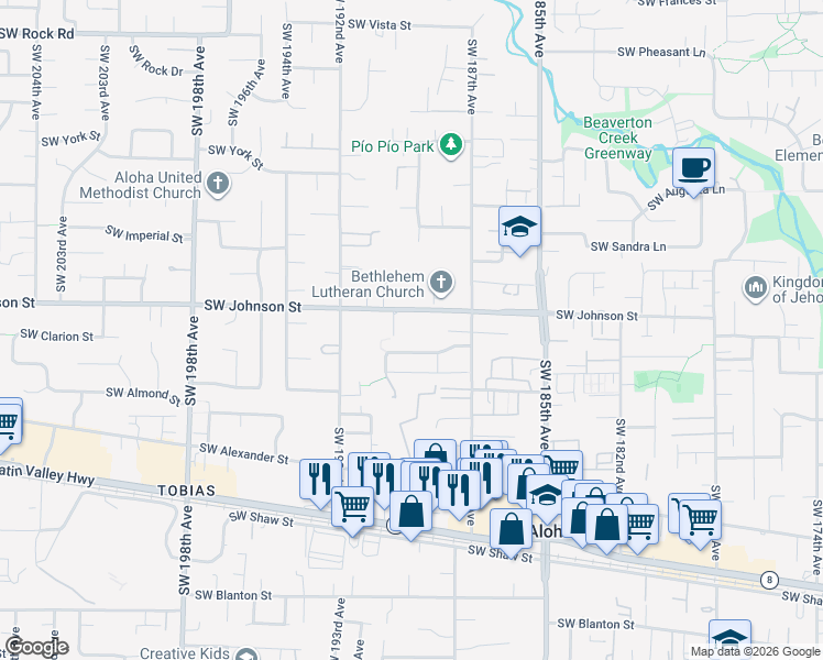map of restaurants, bars, coffee shops, grocery stores, and more near 18996 Southwest Johnson Street in Beaverton