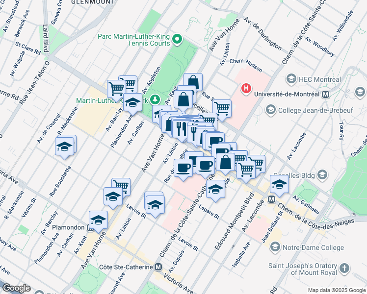map of restaurants, bars, coffee shops, grocery stores, and more near in Montreal