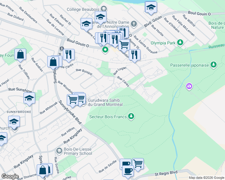 map of restaurants, bars, coffee shops, grocery stores, and more near 1373 Rue Hyman in Dollard-des-Ormeaux