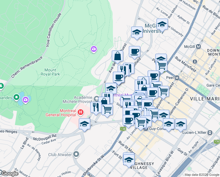 map of restaurants, bars, coffee shops, grocery stores, and more near 3705 Redpath St in Montreal