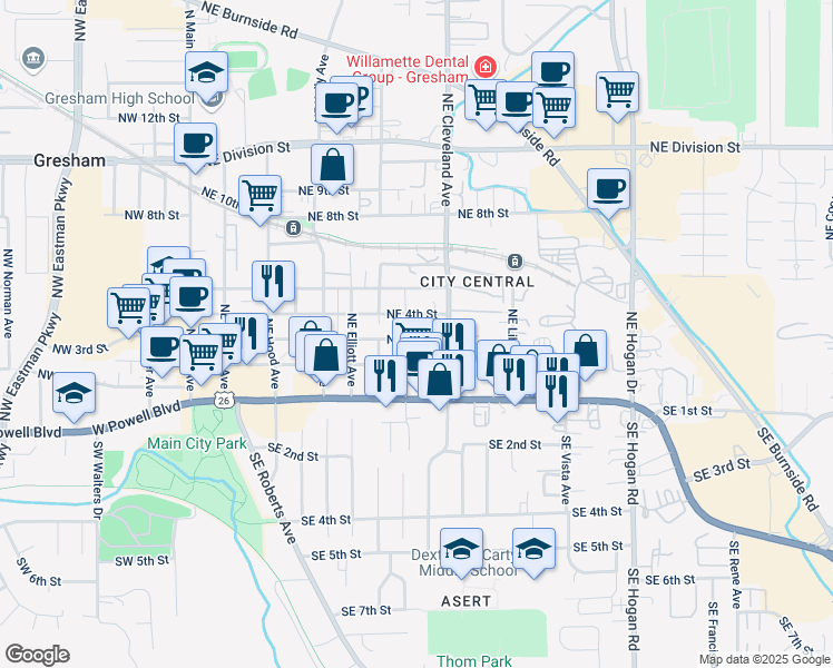 map of restaurants, bars, coffee shops, grocery stores, and more near 808 Northeast 3rd Street in Gresham